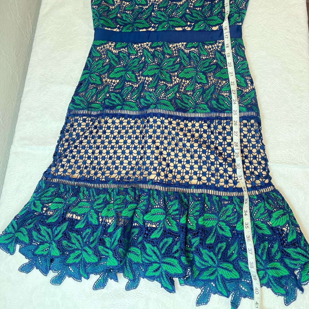 Badgley Mischka Green and Blue Floral Lace Mini Dress Sz.14 NWT - Picture 2 of 6